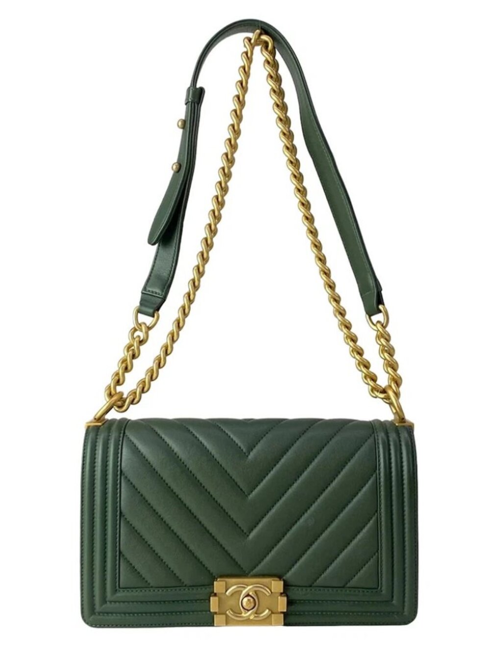 CHANEL Boy Chanel /Matelasse Dark Green Leather Shoulder Bag gold hardware